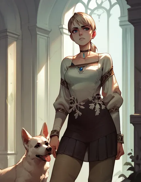 a woman in a skirt and top standing next to a dog