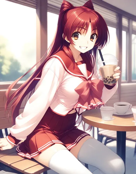 <lora:kousaka_tamaki_pony_ver1:0.7> kousaka_tamaki, brown eyes, red hair, long hair, 
school uniform, serafuku, long sleeves, pleated skirt, white thighhighs,
cafe, grin, bubble tea, score_9, score_8_up, score_7_up, score_6_up, score_5_up, score_4_up