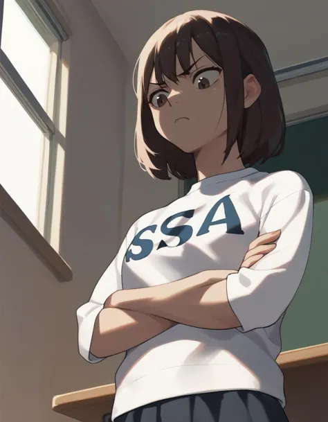 score_9, score_8_up, score_7_up, score_6_up, score_5_up, score_4_up
<lora:nase-ponyxl-000035:1> seasu, shirt, raglan sleeves,
1girl, from below, looking down, annoyed, crossed arms, classroom