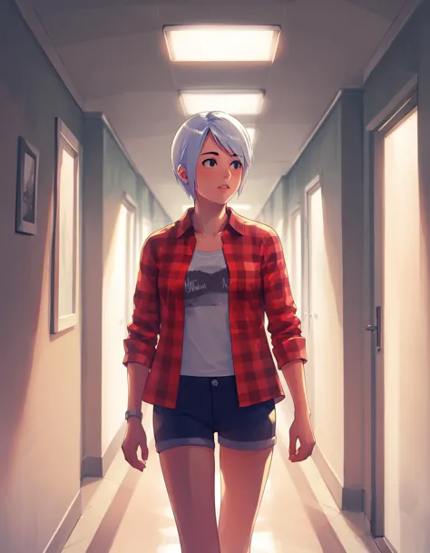 a woman in a red shirt and shorts is walking down a hallway