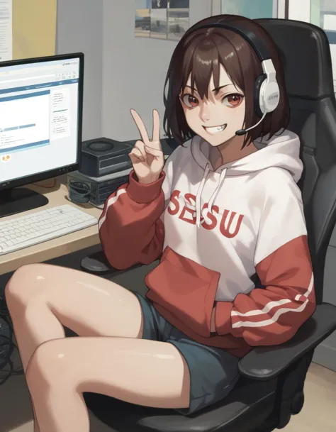 score_9, score_8_up, score_7_up, score_6_up, score_5_up, score_4_up
<lora:nase-ponyxl-000035:1> seasu, hoodie, shorts,
1girl, v, grin, sitting, computer, headset