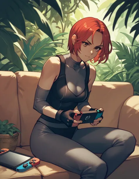 anime girl sitting on a couch holding a nintendo wii controller