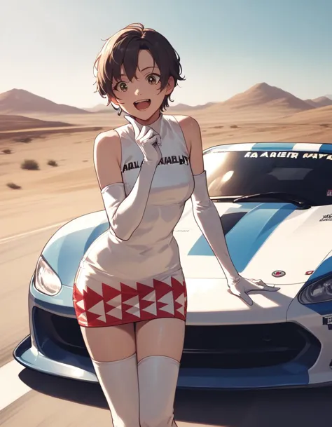 anime girl in short skirt standing next to a sports car