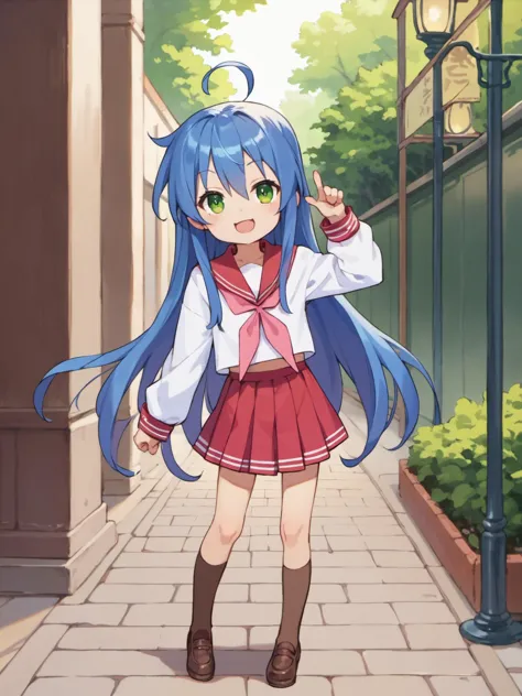 score_9, score_8_up, score_7_up, best quality, masterpiece, source_anime, photo, (natural skin, detailed skin:0.8), uncensored,
(child ,cute ,small girl:0.5), (colourful,Colouring in:1.0),skinny,
konata izumi, long hair, ahoge, green eyes, blue hair, skinny, 
flat chest, 
1girl,outdoors, serafuku, red miniskirt, red sailor collar, shoes, brown tighhighs,smile, 
dynamic pose,
,   <lora:konata:0.5>