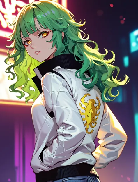 a close up of a person with green hair and a white jacket