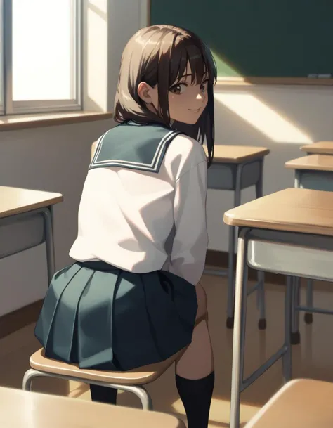 anime girl sitting on a chair in a classroom with a chalkboard