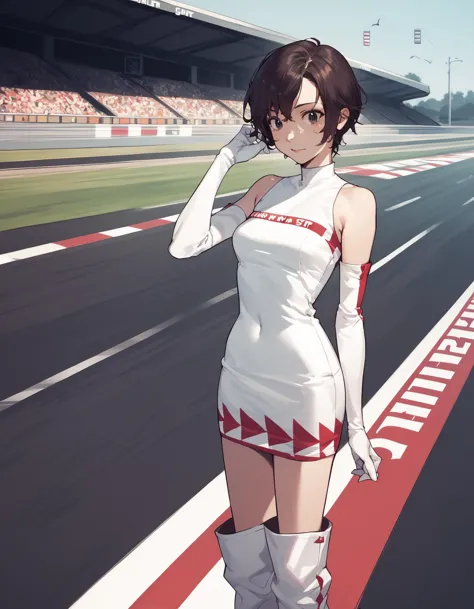 anime girl in white dress standing on a track with a red and white background