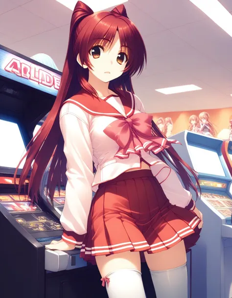 <lora:kousaka_tamaki_pony_ver1:0.7> kousaka_tamaki, brown eyes, red hair, long hair, 
school uniform, serafuku, long sleeves, pleated skirt, white thighhighs,
arcade cabinet, indoors, cowboy shot, looking at arcade cabinet, score_9, score_8_up, score_7_up, score_6_up, score_5_up, score_4_up