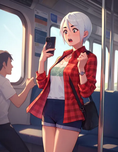 anime girl on a train looking at her phone while another man looks on