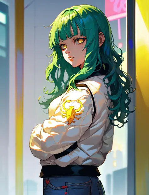 a close up of a person with green hair and a white shirt