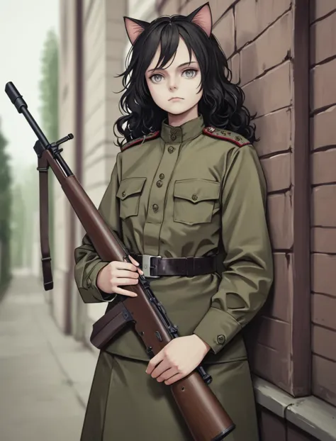 score_9, score_8_up, score_7_up, source_anime BREAK 1girl, young, solo,Soviet Military uniform, ((neko cat ears)),  belt, messy ...