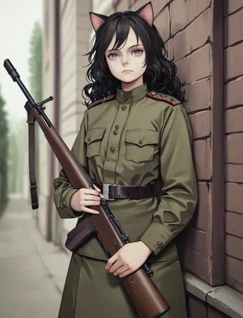 a woman in a uniform holding a rifle and wearing a cat ear