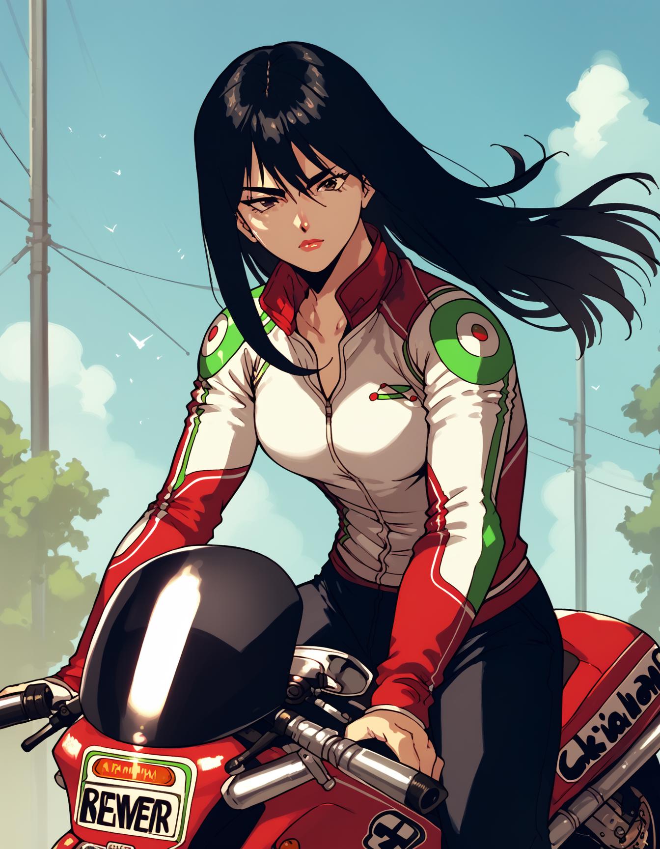 Anime girl on a motorcycle with mountains in the background - SeaArt AI