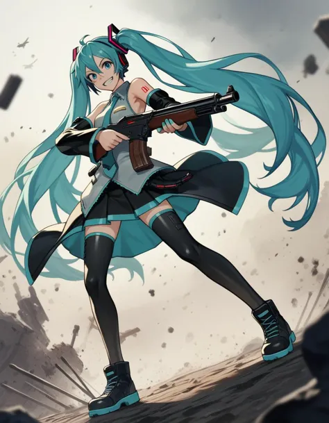 pontuação_9, pontuação_8, pontuação_7, fonte_anime,
avaliação_seguro,
1 garota, Sozinho, Hatsune Miku, espingarda, sorriso,
campo de batalha, caótico, zona de guerra