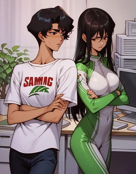 two anime characters standing next to each other in front of a computer