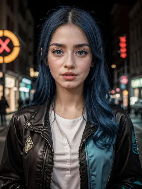 RAW Photo, professional color graded, BREAK portrait photograph of girl Jew3lzBlu, blue hair, makeup, eyeliner, (wearing cyberpu...