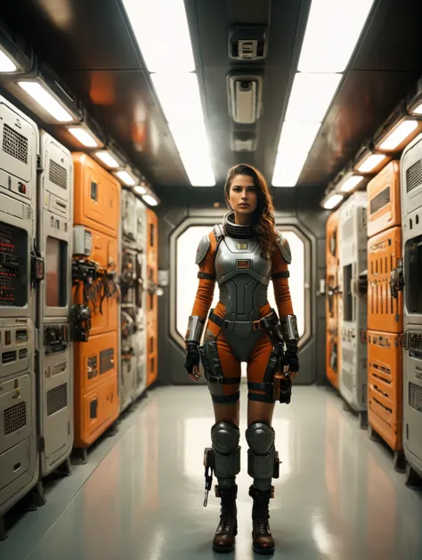 kylie, Horror-themed, nostromostyleai, wearing retro-futuristic space suit,
in space station armory - recessed lighting, metal grate flooring, rows of glass lockers, rifles displayed on walls, pistols, grenades, boxes of ammunition, tactical clothing on hangers, glass displays with armor and swords, helmets, black and chrome theme.
(solo, full body:1.3), (looking away:1.2), (haze, fog, mist:1.2), chiaroscuro, AnalogRedmAF  Colorful stunningly beautiful woman, stunningly rapturously gorgeous : Black ink flow: 8k resolution photorealistic masterpiece: by Aaron Horkey and Jeremy Mann: intricately detailed fluid gouache painting
BREAK
finely detailed skin, sharp focus, (cinematic lighting), collarbone, night, soft lighting, dynamic angle, (detailed face:1.2),
Eerie, unsettling, dark, spooky, suspenseful, grim, highly detailed, (skin details, skin texture, pores) 4k, uhd,
(film grain, bokeh, shallow depth of field, sharp focus, full sharp, vignette:1), rule of thirds, (hyper detailed, highly detailed, volumetrics)
BREAK
shot with arri alexa mini, (miniature effect, expired film, warm tones, analog, light leaks, vintage photography, selective focus, highly detailed, vibrant, perspective control, tilt shift), subsurface scattering, f2, 35mm, detailed eyes, perfect eyes, detailed lips, detailed nose, detailed face, detailed hands, detailed fingers, perfect fingers, detailed fingernails, detailed clothing and accessories
<lora:add-detail-xl:1>
<lora:xl_more_art-full_v1:0.5>
<lora:AnalogRedmondV2-Analog-AnalogRedmAF:0.1>
<lora:Kylie_SDXL_v1b_Platypus:1> <lora:NostromoStyleAIv2:0.8>