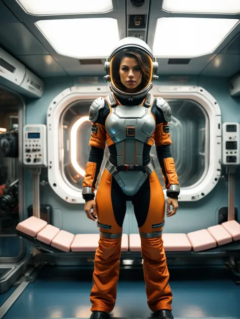 a woman in an orange space suit standing in a room