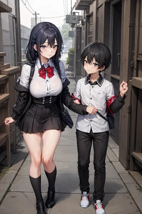 anime characters dressed in school uniforms walking down a narrow alley