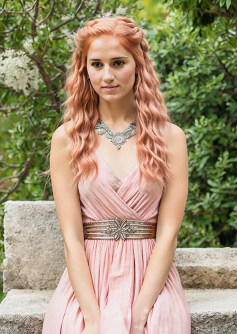 a woman with long pink hair sitting on a stone bench