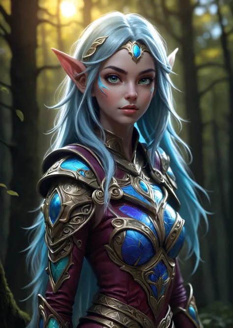 a woman with blue hair and blue eyes in a forest