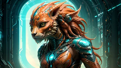 by theo el, .fierce female  alien cyborg, organic manticore features, .(art and illustration, complex patterns:1.4).(fantastic, ...