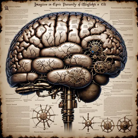 /ONE FOR ALL, imagine in (((epic-Ultra-HD-details, epic-Ultra-HD-detailed-details, epic-Ultra-HD-highlights, lit, physically-realistic))) 
black ink on parchment of the anatomical scheme drawing of glass cell brain
in a steampunk style, steampunknoireai, Da_Vinci,
with a detailed description of production technology and assembly methods of each part, a device  and accurate parts of the body painted on parchment, a detailed text of the mesh, sepia
\\ Made with ONE FOR ALL checkpoint by Chaos Experience @ https://civitai.com/user/ChaosExperience/ \\