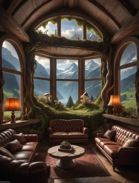 (Ultra-HD-details, discreet, emphasized-details, life-size-body)fantastical living room with switzerland landscape in the window...