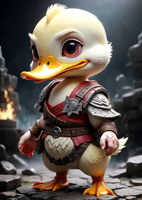 a close up of a duck with a sword and armor on