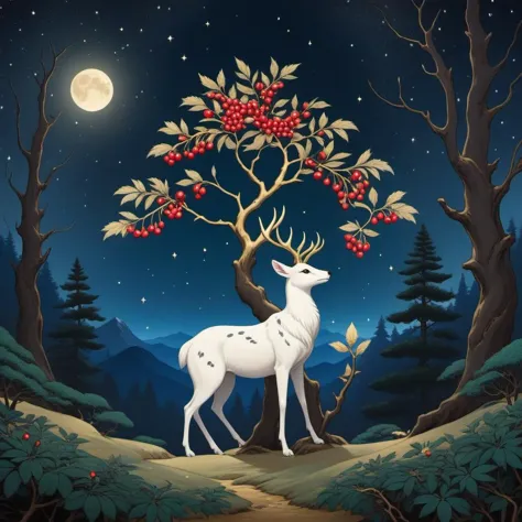 a white deer standing in the woods under a tree with berries