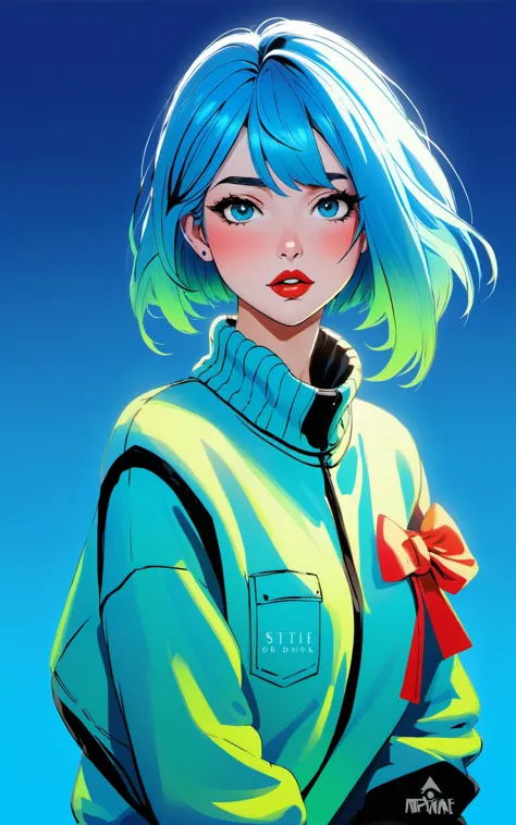 \\ Made with ONE FOR ALL model by Chaos Experience @ https://civitai.com/user/ChaosExperience/ \\
illustrator, anime , realistic ,sketch , 1girl, ,lip, Sweater,order, Blue gradient background, Neon hair,Textured crop, Canadian, (masterpiece,best quality)