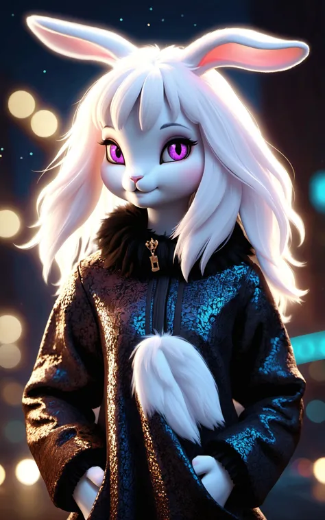 \\ Made with ONE FOR ALL model by Chaos Experience @ https://civitai.com/user/ChaosExperience/ \\
(rising_masterpiece, rabbit_humanoid, furry-characteristics)
A beautiful (( anthro furry white rabbit female, fluffy fur body, rabbit snout and face, lop ears)) with a big long pink hair with black streaks in hair, she is standing in front of a city in a starry night. She is wearing a black Wool sweater (real life extremely detailed visible fabric, (with the words: "ONE FOR ALL " in golden letters)), she is also wearing a pleated black skirt. She is a top model.

It is a realistic art style with photoreal details in RAW HDR. Must be human detailed, hyper-detailed, very cute and jovial.

This "photo" is a masterpiece framed with a careful balance of zoom and depth of field, ensuring the girl's face is in sharp focus making her fur very fluffy, while the background fades into a dreamy bokeh, emphasizing the cuteness and beauty figure of the rabbit female girl against the vastness of the world, floating particles., (Furry Art : Anthro : Rabbit)
((Photorealistic:1.4)), 35mm, intricate details, hdr, intricate details, Detailed Fluffy Fur,  hyperdetailed, natural fur texture, hyperrealism, sharp
(hyperrealistic, cinematic light, depth of field)