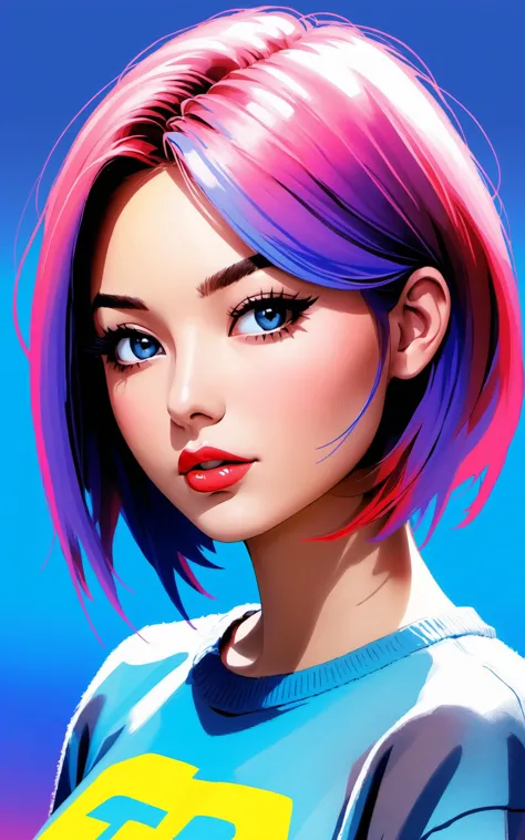 \\ Made with ONE FOR ALL model by Chaos Experience @ https://civitai.com/user/ChaosExperience/ \\
1girl, lip, Sweater with the phrase "ONE FOR ALL", order, Blue gradient background, Neon hair, Textured crop, Canadian, (masterpiece, best quality), illustrator, anime, realistic, sketch