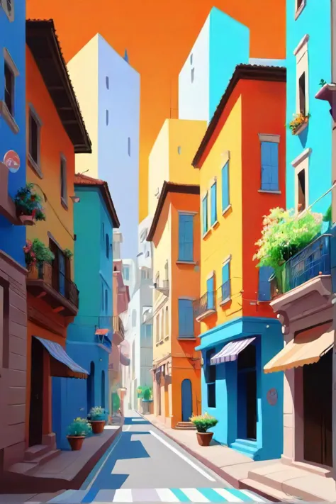 一幅城市街道画, 采用丰富多彩的动画风格, 精确的, 细致的建筑画