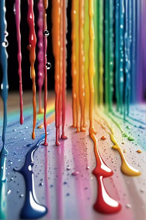 a close up of a rainbow colored rain curtain with water droplets, a pointillism painting inspired by gabriel dawe, pexels, crayo...