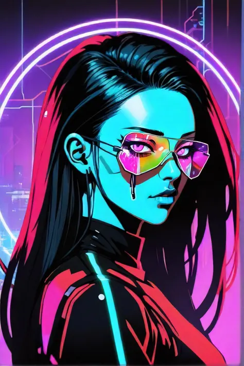 un primer plano de una mujer con cabello largo y un top negro, arte del anime ciberpunk, vívidos vidrios rotos, cuchilla del grupo de drenaje, paleta de microondas, En estilo Travis Charest, cyberpunk masked superhero wearing black, parche negro, luces de neón coloreadas