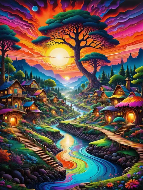 a painting of a colorful village with a stream running through it