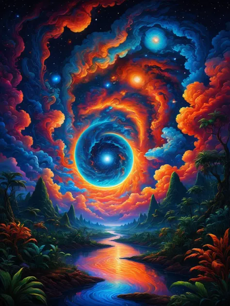 a painting of a spiral vortex with a river in the foreground