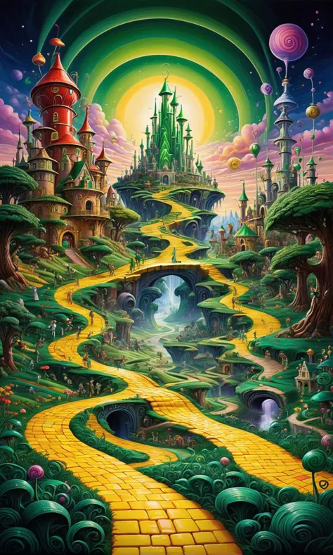 a painting of a wizard's castle with a yellow road leading to it