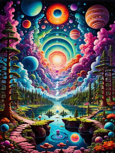 a painting of a colorful landscape with planets and trees