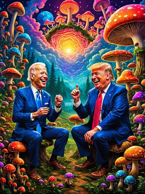 a painting of two men in suits sitting on a mushroom covered ground