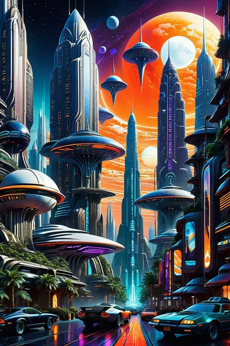 a painting of a futuristic city with a lot of cars and buildings