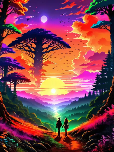 a man and woman walking through a forest at sunset