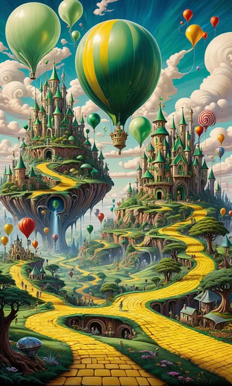 Painting of fantasy psychedelic Land of Oz, yellow brick road, castlesland Emerald City with a giant balloon in the sky
 <lora:Psy_Land_XL:0.3> <lora:castlesland:0.5>