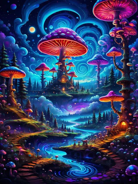 a painting of mushrooms and trees in a forest at night