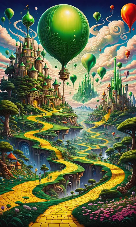 Painting of fantasy psychedelic Land of Oz, yellow brick road, castlesland Emerald City with a giant balloon in the sky
 <lora:P...