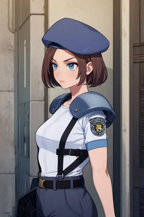 masterpiece, best quality, 1girl, solo, standing, <lora:jillvalentine-re-richy-v1:1> jillre1, beret, uniform, shoulder pads, sho...