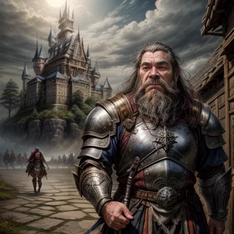 a close up of a man in armor standing in front of a castle