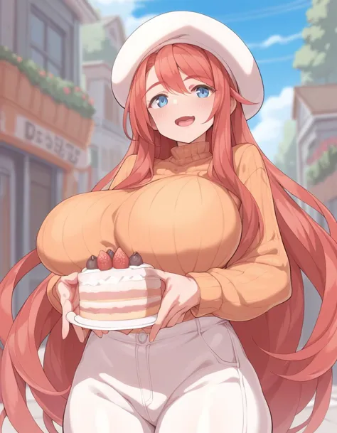 score_9,score_8_up,score_7_up,score_6_up,score_5_up, score_4_up, 1girl, red hair, very long hair, orange sweater, huge breasts, white beret, blue eyes, holding cake slice, smile, open mouth, <lora:tenako_style_pony6_v1-000038:1>