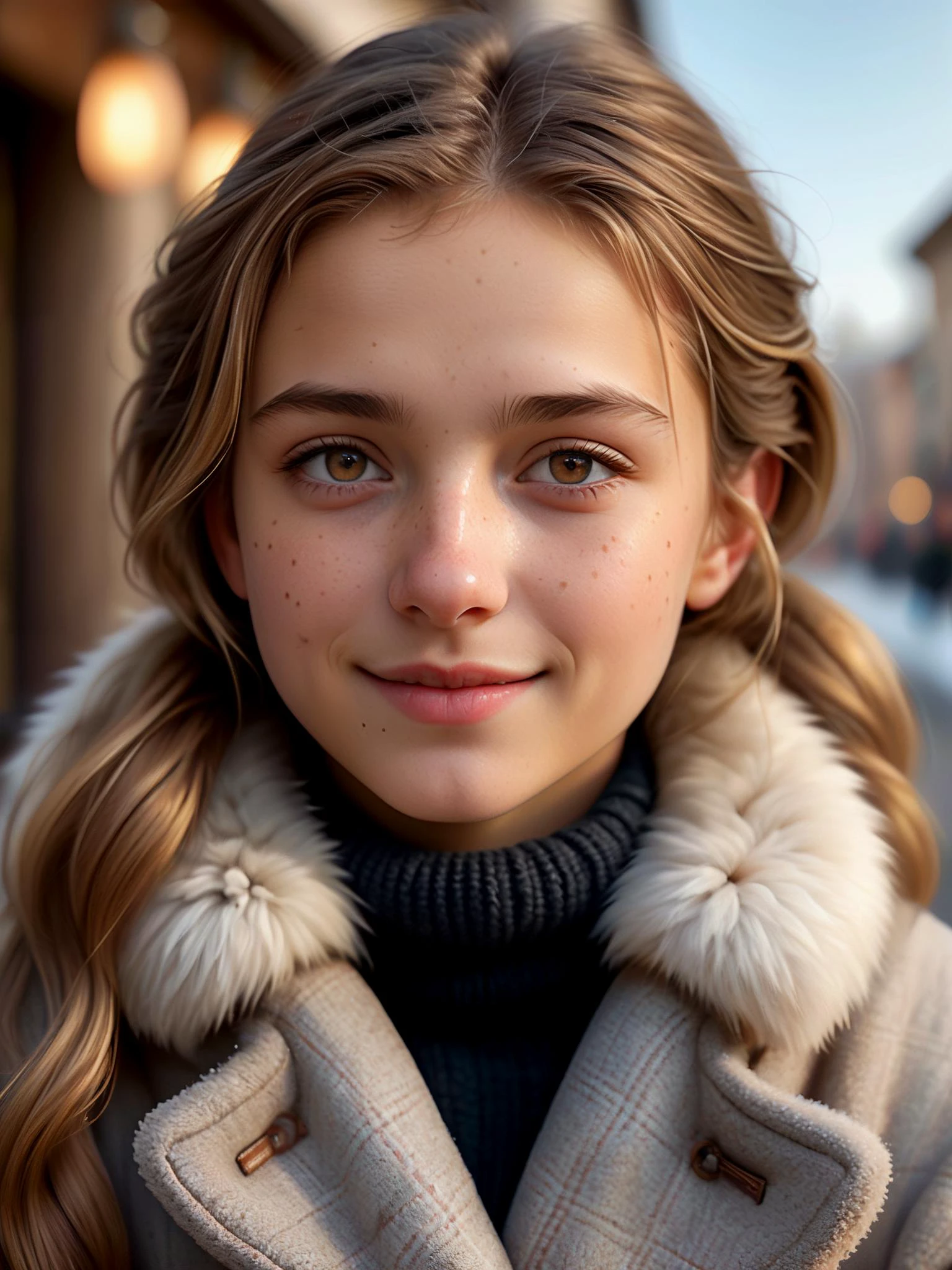 (Masterpiece), best quality, highly detailed, realistic, 8k uhd,

closeup portrait, cute 18yo Italian woman, lustrous light brown hair with blonde highlights, small ears, cute upturned nose, small hazel eyes, flat chested, small breasts, winter coat, fur-lined collar and cuffs, light freckles, playful gaze, shy smile, 

